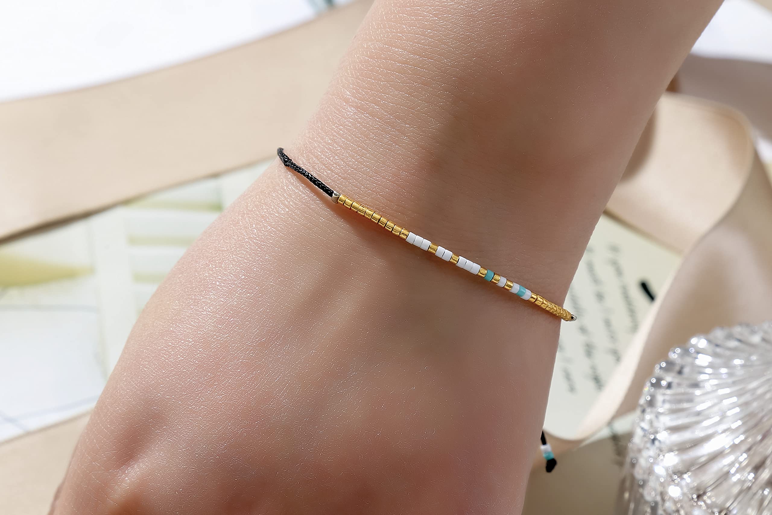 RareLove Sister Morse Code Beaded Bracelet Sister Birthday Gifts from Sister Long Distance Friendship Christmas Gifts Waterproof Gold Blue White Tiny Pony Seed Beads Black String