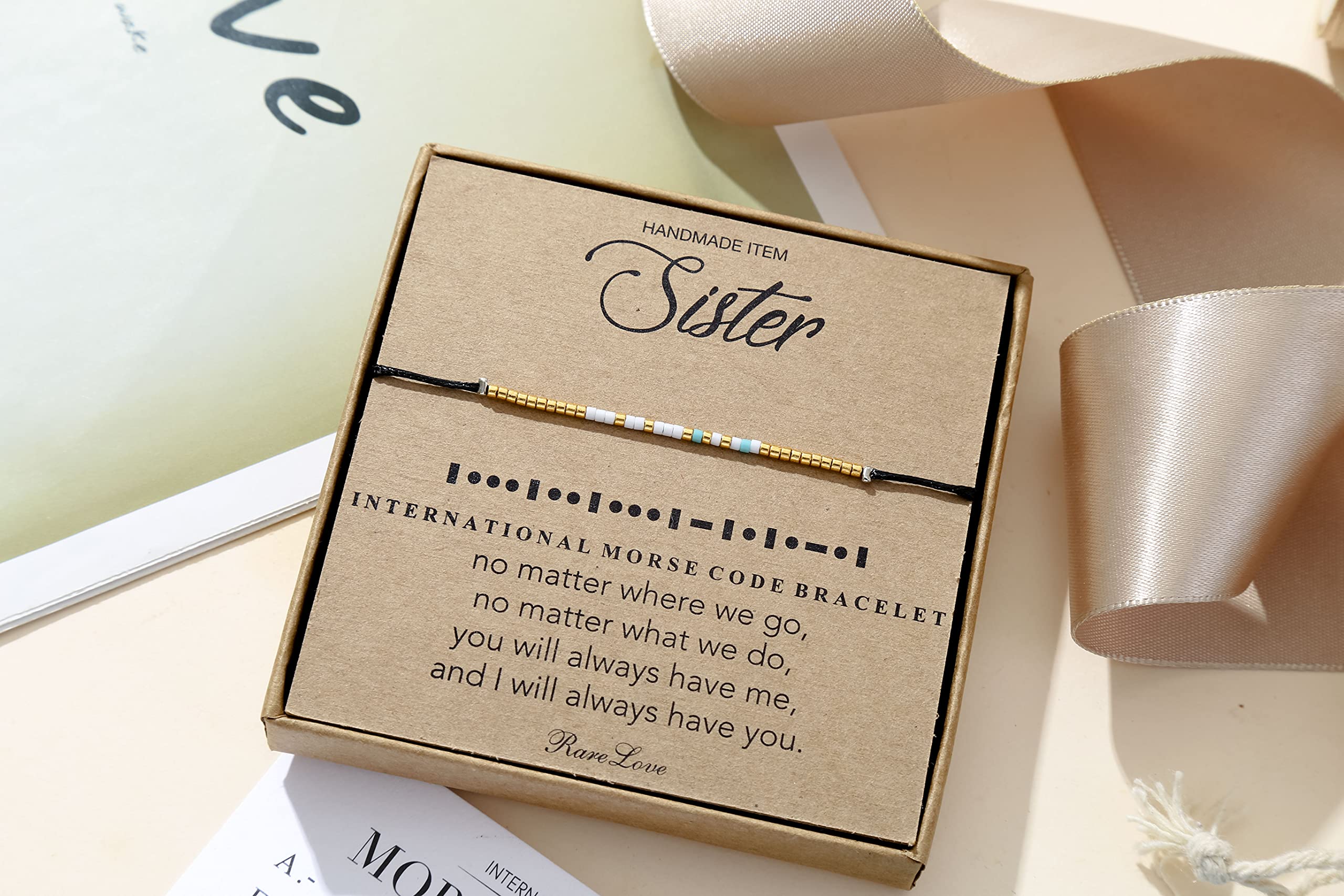 RareLove Sister Morse Code Beaded Bracelet Sister Birthday Gifts from Sister Long Distance Friendship Christmas Gifts Waterproof Gold Blue White Tiny Pony Seed Beads Black String