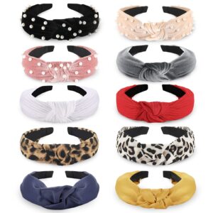 funtopia fashion headbands for women girls, 10 pcs knotted pearl wide top knot turban hair bands/ hoops vintage velvet leopard print