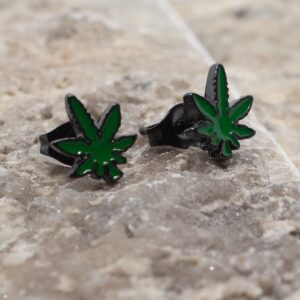 Pierce2GO Stud Earrings 316L Stainless Steel Anodized Black Ear Studs with Green Marijuana Leaf Pendant Earrings Studs for Women and Men – Marijuana Stud Earrings Set of 2