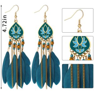 12 Pairs Feather Earrings Women Vintage Bohemian Earrings Long Drop Dangle Earrings Set With Dream Catcher Design