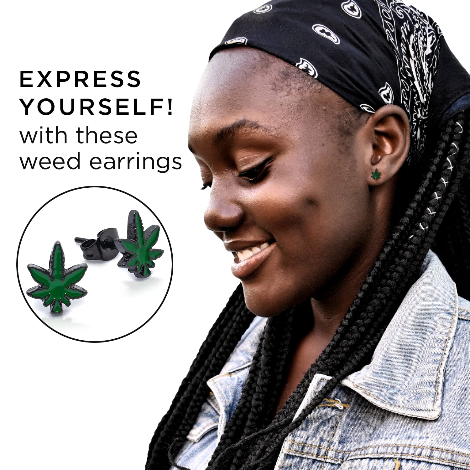 Pierce2GO Stud Earrings 316L Stainless Steel Anodized Black Ear Studs with Green Marijuana Leaf Pendant Earrings Studs for Women and Men – Marijuana Stud Earrings Set of 2