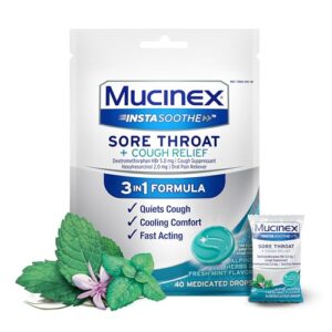 mucinex instasoothe sore throat relief + cough relief, sore throat lozenges, cough drops with dextromethorphan hbr & hexylresorcinol, alpine herbs & fresh mint flavor medicated throat drops, 40ct