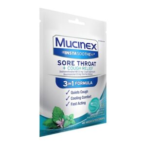 Mucinex Instasoothe Sore Throat Relief + Cough Relief, Sore Throat Lozenges, Cough Drops with Dextromethorphan HBr & Hexylresorcinol, Alpine Herbs & Fresh Mint Flavor Medicated Throat Drops, 40ct