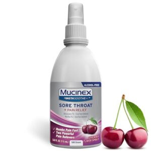 mucinex instasoothe sore throat relief, throat numbing spray starts to work on contact, sore throat pain medicine, relieves pain associated with sore throat, cherry flavor throat spray, 3.8 fl oz