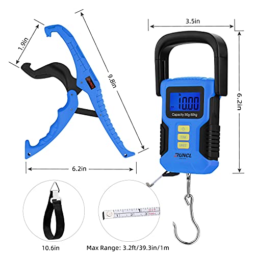 RUNCL Waterproof Fishing Scale with Lip Gripper, Fluorescent Button Digital Fish Scale 110lb/50kg - Backlit LCD Display, 40in Tape Measure - Hanging Scale for Home and Outdoor(Blue)