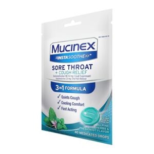 Mucinex Instasoothe Sore Throat Relief + Cough Relief, Sore Throat Lozenges, Cough Drops with Dextromethorphan HBr & Hexylresorcinol, Alpine Herbs & Fresh Mint Flavor Medicated Throat Drops, 40ct