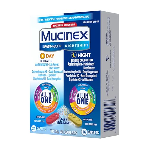 Mucinex Fast-Max Day Cold and Flu & Nightshift Night Severe Cold and Flu Medicine for Adults, Day/Night Combo Pack for Fever, Sore Throat Relief, Decongestant, Cough & Cold Medicines, 40 Caplets