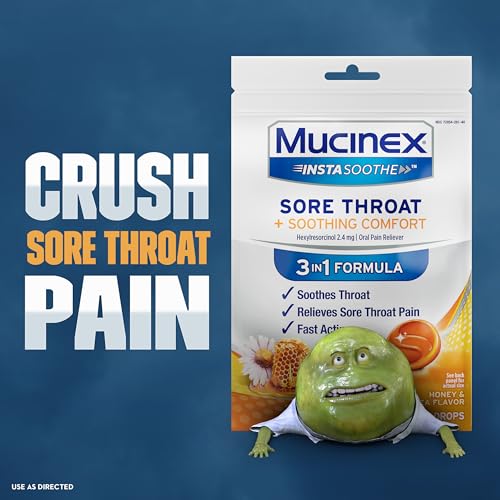 Mucinex Instasoothe Sore Throat Relief Drops, Sore Throat Lozenges, Sore Throat Medicine with Hexylresorcinol, Cough Drops Alternative, Honey & Echinacea Flavor Medicated Numbing Throat Drops, 40 ct