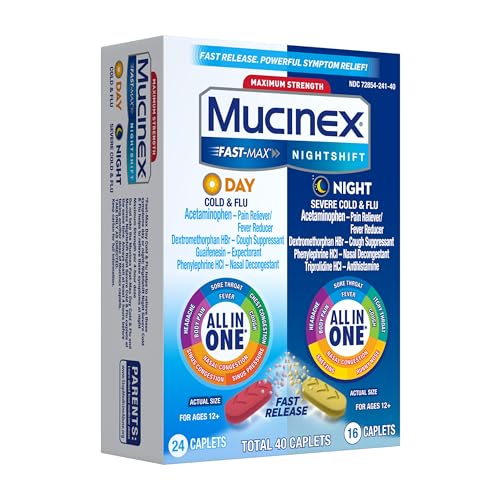 Mucinex Fast-Max Day Cold and Flu & Nightshift Night Severe Cold and Flu Medicine for Adults, Day/Night Combo Pack for Fever, Sore Throat Relief, Decongestant, Cough & Cold Medicines, 40 Caplets