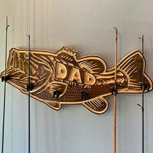 felicy fathers day wood large mouth bass fishing rod holder, daddy favorite wooden fishing rod rack with salmon redfish large mouth bass shape designs, best gift for father (a - large mouth bass)