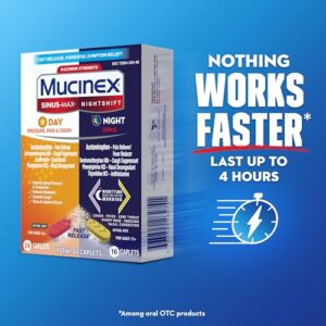 Mucinex Sinus-Max Day Pressure, Pain & Cough & Nightshift Night Sinus Medicine for Adults, Day/Night Combo Pack for Sore Throat Relief, Nasal Congestion Relief, Cough & Cold Medicines, 40 Caplets