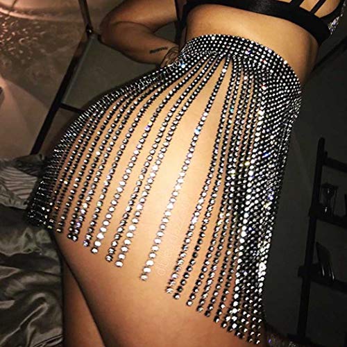 Yokawe Crystal Tassel Skirts Rhinestone Body Chains Sexy Belly Dance Skirt Summer Beach Hip Waist Chain Belt Nightclub Rave Party Jewelry Accessories for Women (Black)