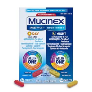 Mucinex Fast-Max Day Cold and Flu & Nightshift Night Severe Cold and Flu Medicine for Adults, Day/Night Combo Pack for Fever, Sore Throat Relief, Decongestant, Cough & Cold Medicines, 40 Caplets