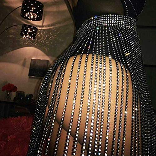 Yokawe Crystal Tassel Skirts Rhinestone Body Chains Sexy Belly Dance Skirt Summer Beach Hip Waist Chain Belt Nightclub Rave Party Jewelry Accessories for Women (Black)