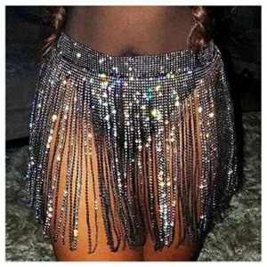 yokawe crystal tassel skirts rhinestone body chains sexy belly dance skirt summer beach hip waist chain belt nightclub rave party jewelry accessories for women (black)