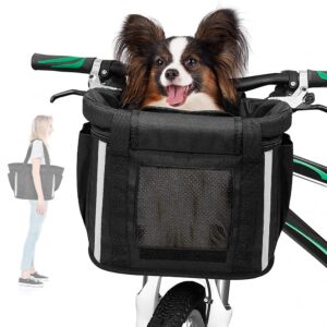 anzome deluxe pet bike basket, adjustable fit front handlebar carrier with reflective stripes, seatbelt, breathable mesh and soft mat for small pets, quick release