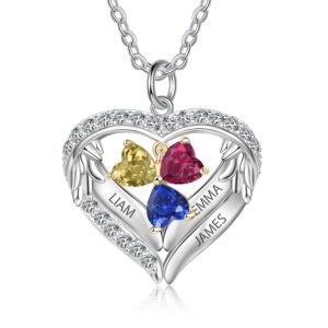 GLAMCARAT Engraved personalized 925 silver pendant necklace with 3 birthstone family jewelry mothers gift 3 child names heart shaped pendant