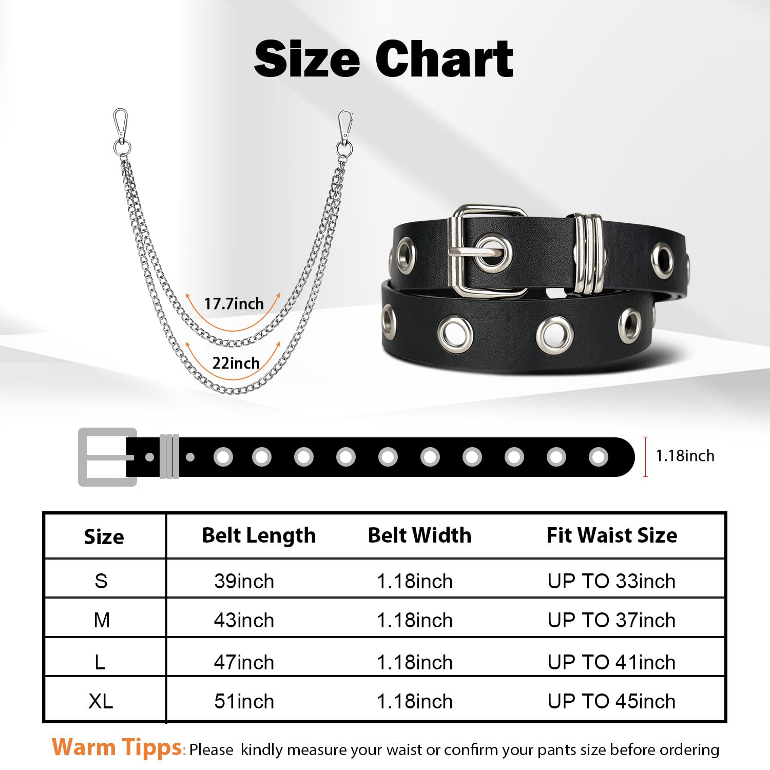 FIORETTO Grommet Leather Belt with Detachable Chain Women Men Punk Rock Waist Belts for Jeans Pants Single Holes (With Silver Chain)