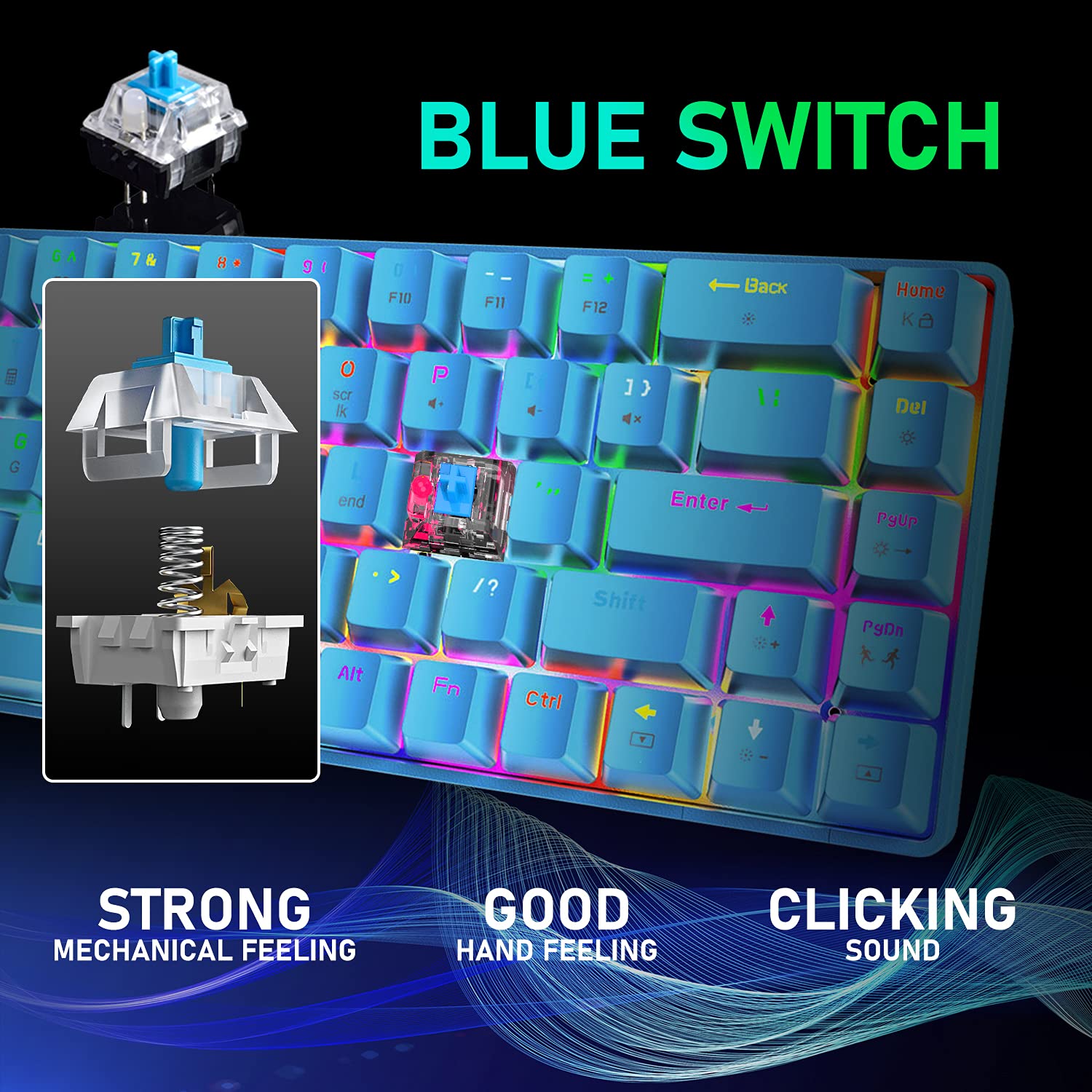 60% Mechanical Gaming Keyboard Mini 68 Keys Wired Type C 18 RGB Backlight Effects,Lightweight RGB 6400DPI Honeycomb Mouse,Large Mouse Pad Compatible With PS4,Xbox,PC,Laptop,MAC (blue/blue switch)