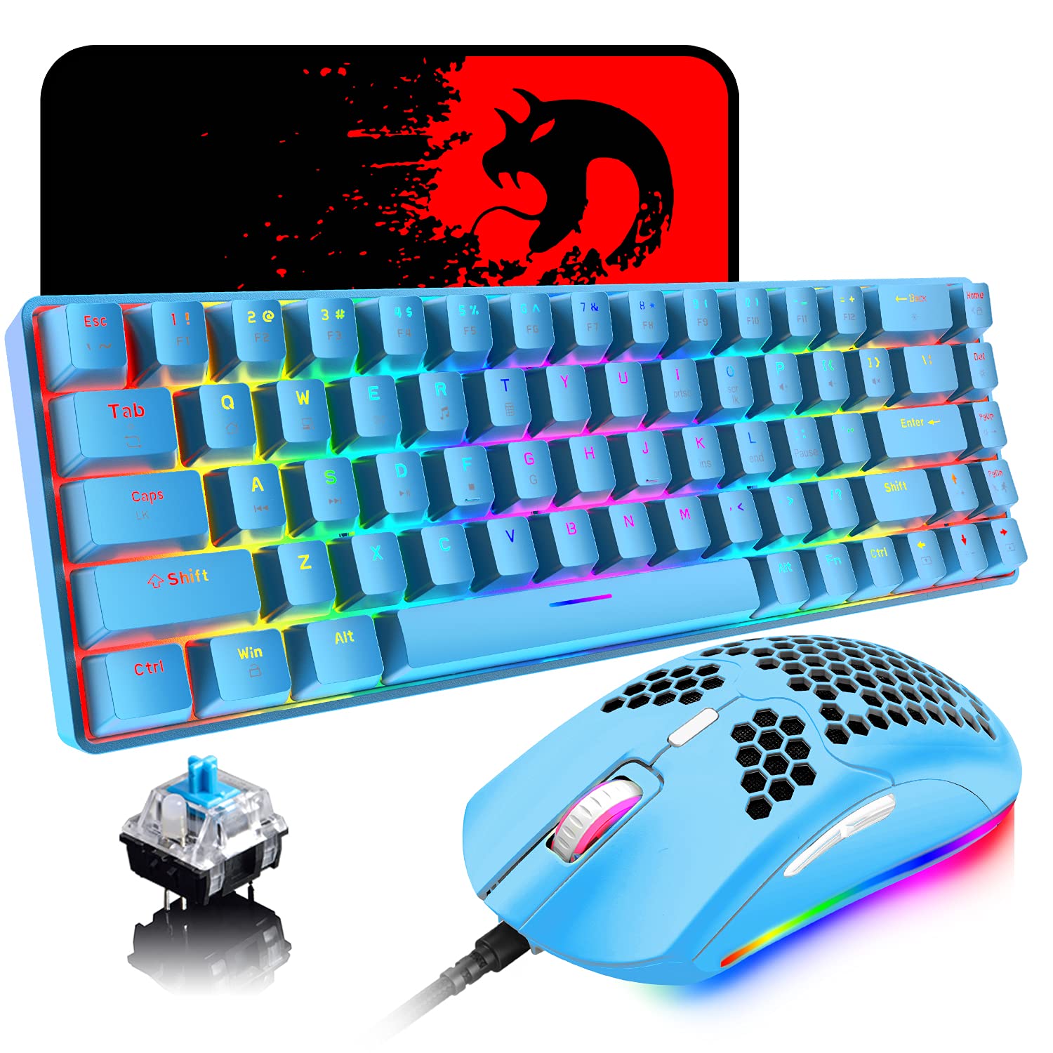 60% Mechanical Gaming Keyboard Mini 68 Keys Wired Type C 18 RGB Backlight Effects,Lightweight RGB 6400DPI Honeycomb Mouse,Large Mouse Pad Compatible With PS4,Xbox,PC,Laptop,MAC (blue/blue switch)