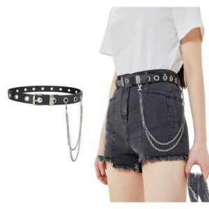 fioretto grommet leather belt with detachable chain women men punk rock waist belts for jeans pants single holes (with silver chain)