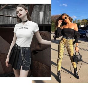 FIORETTO Grommet Leather Belt with Detachable Chain Women Men Punk Rock Waist Belts for Jeans Pants Single Holes (With Silver Chain)