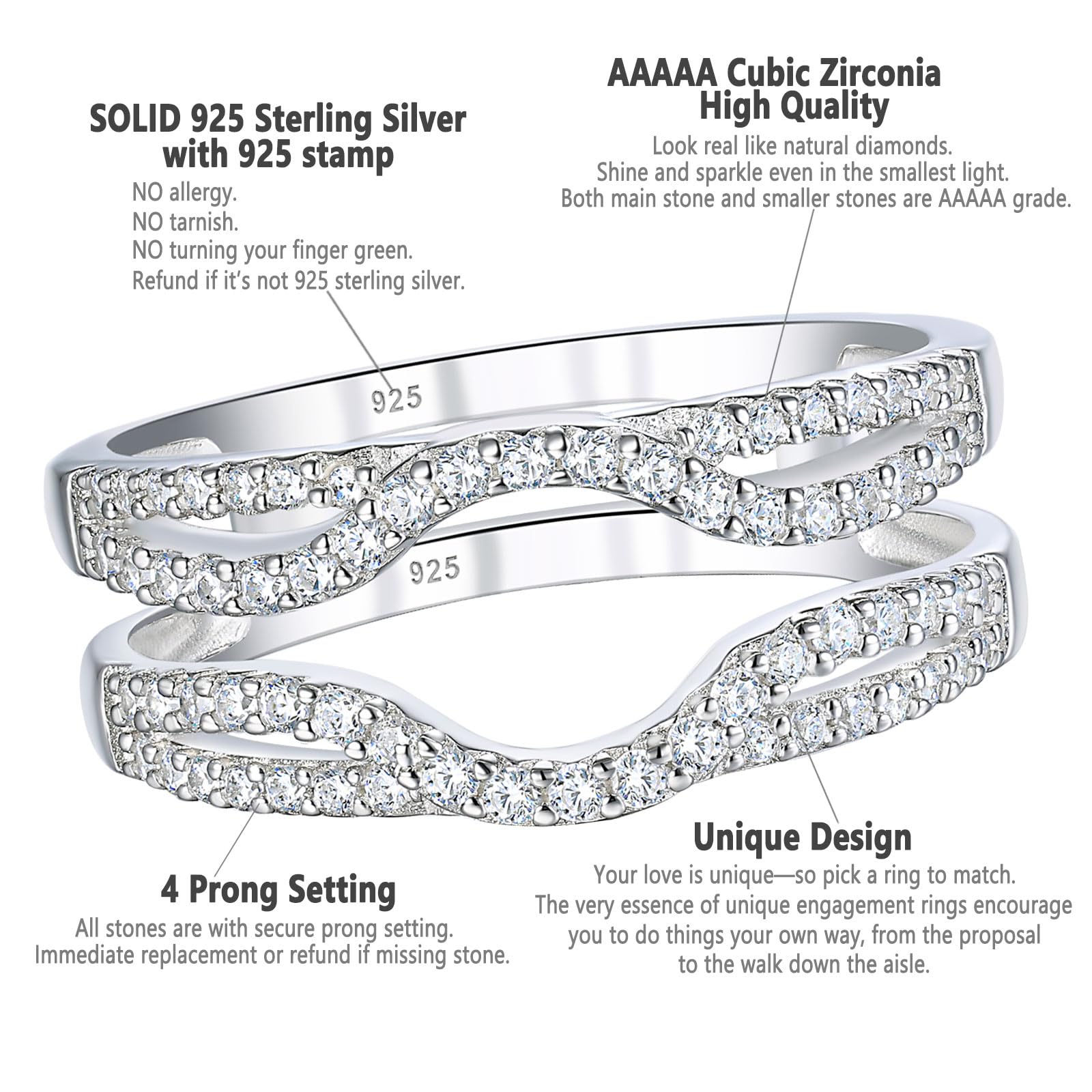 SHELOVES Womens 925 Sterling Silver Engagement Ring Enhancer Round White AAAAA CZ Infinity Wrap Guard Rings Sz 7