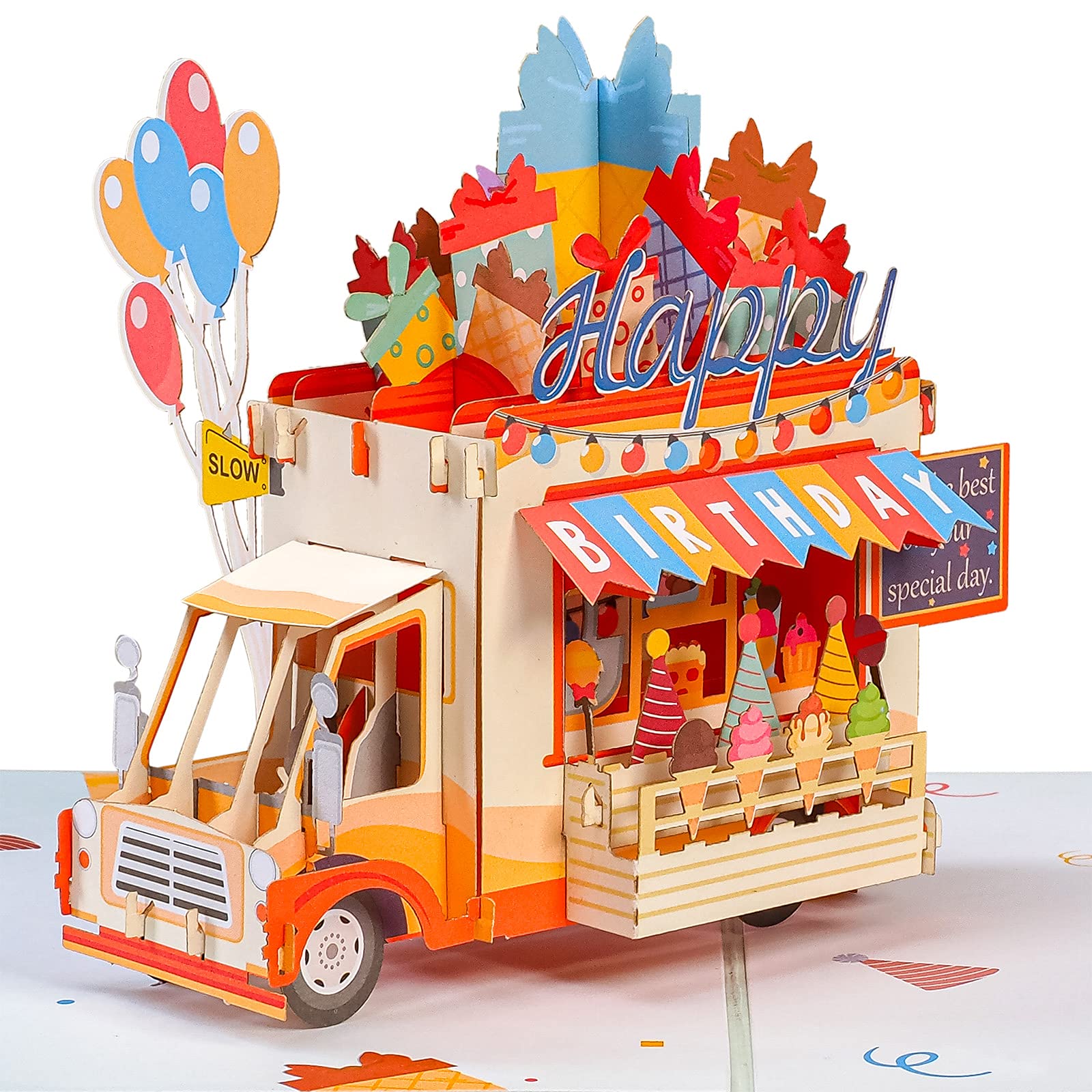 Paper Love Happy Birthday Ice Cream Truck Pop Up Card, For Adults and Kids - 5"x7" Cover - Includes Envelope and Note Tag