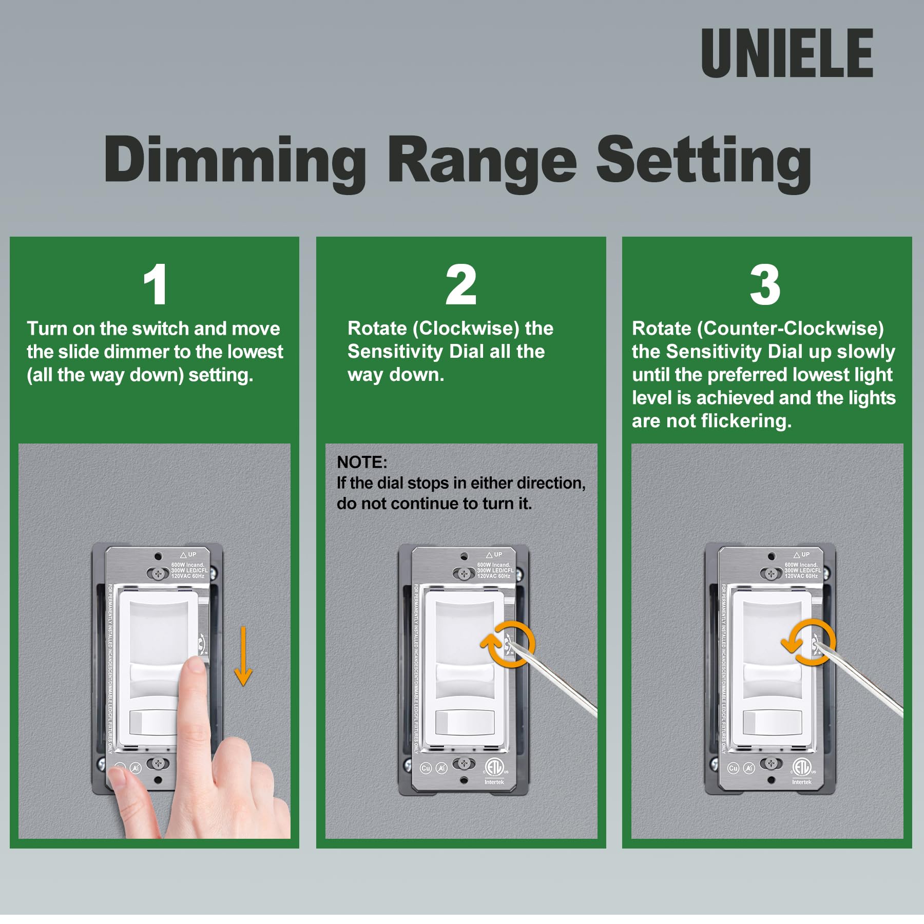 (6 Pack) UNIELE Ultra Slim Dimmer Light Switch, Max 300W Dimmable LED, CFL Lights, 600W Incandescent, Single-Pole or 3 Way LED Slide Dimmer Light Switch, 15A/120V/60Hz, ETL Listed, White