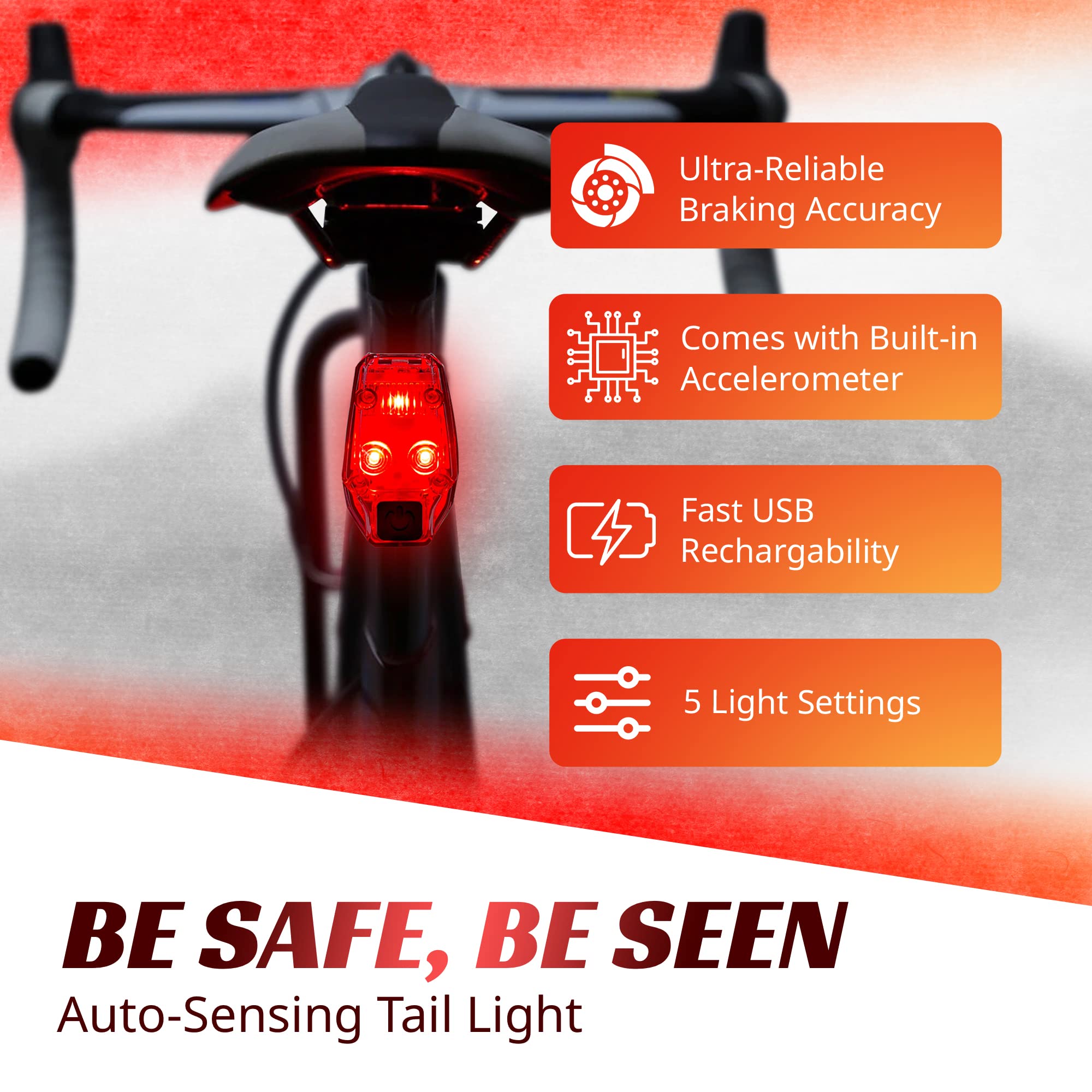 Tailgator Bike Rear Tail Brake LED Light - Accelerometer Brake Sensing Feature - Brightest Light at 300 Lumens - Rechargeable Battery Lasts Up to 60 Hours - Day/Night Visibility - Best Brake Light