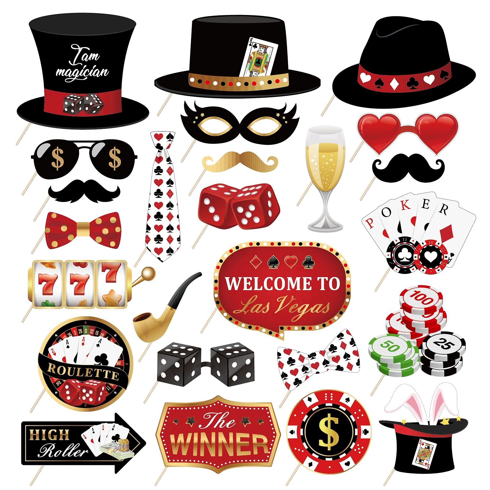 Kristin Paradise 25Pcs Casino Photo Booth Props with Stick, Las Vegas Theme Selfie Props, Poker Night Birthday Party Supplies, Gambling Blackjack Photography Backdrop Decorations