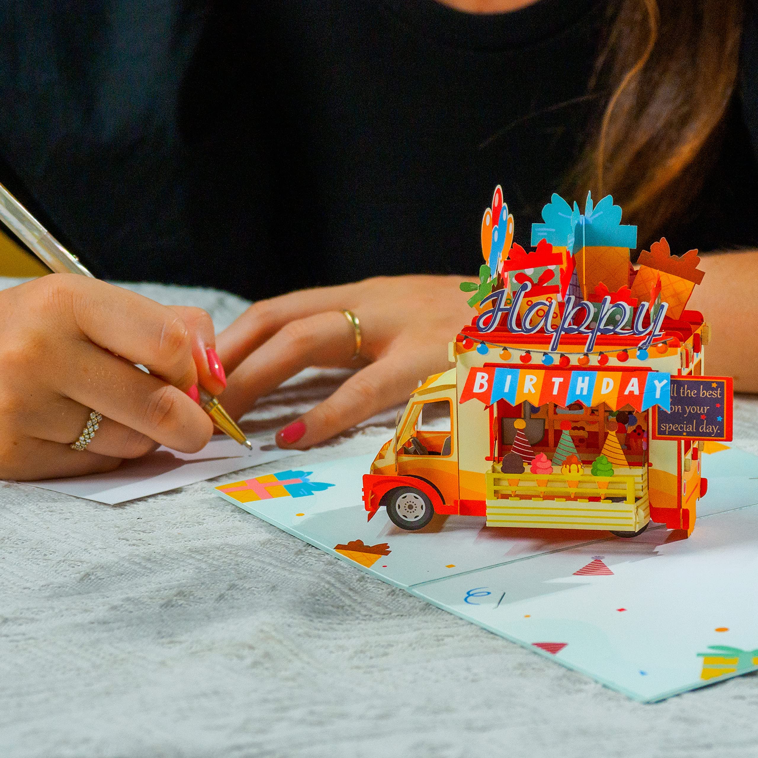 Paper Love Happy Birthday Ice Cream Truck Pop Up Card, For Adults and Kids - 5"x7" Cover - Includes Envelope and Note Tag