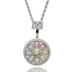 ICEDIAMOND 14K Full CZ Diamond Spin-Up Daisy Painted Rotating Pendant Crazy Chain Necklace, Gold Plated Iced Out Bling Zirconia Hip Hop Charm Jewelry for Men Women (White-Large)