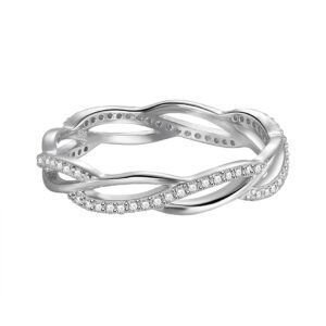 BORUO 925 Sterling Silver Ring, Twisted Infinity Celtic Knot Cubic Zirconia CZ Wedding Band Stackable Ring Size 11