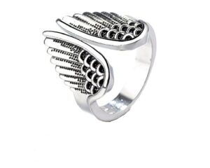 flyyqmiao adjustable 925 vintage silver angel wing open rings finger ring fashion feather cast black vintage open cuff ring punk jewelry for women men