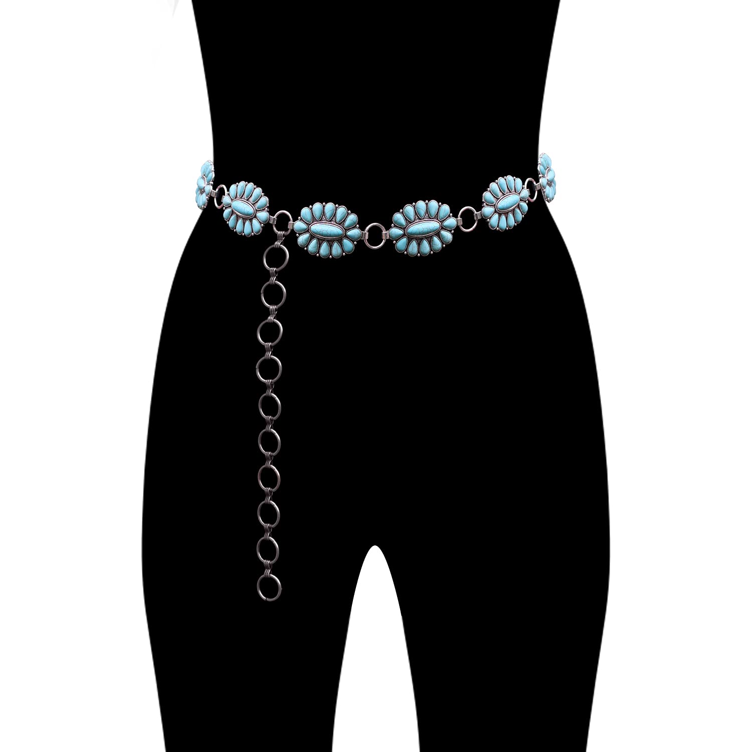 Wonderent Western Turquoise flower Concho Chain Belt No.2 (Turquoise)