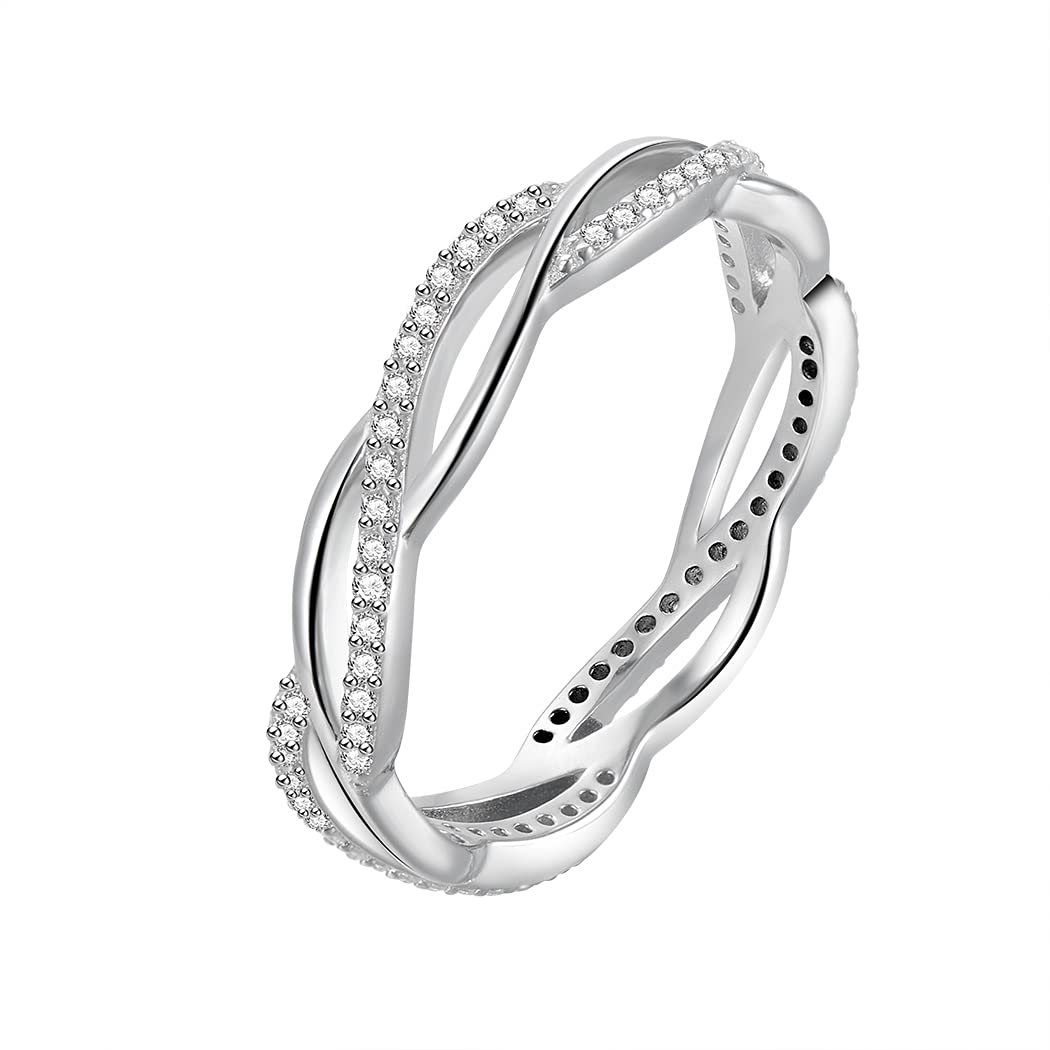 BORUO 925 Sterling Silver Ring, Twisted Infinity Celtic Knot Cubic Zirconia CZ Wedding Band Stackable Ring Size 11