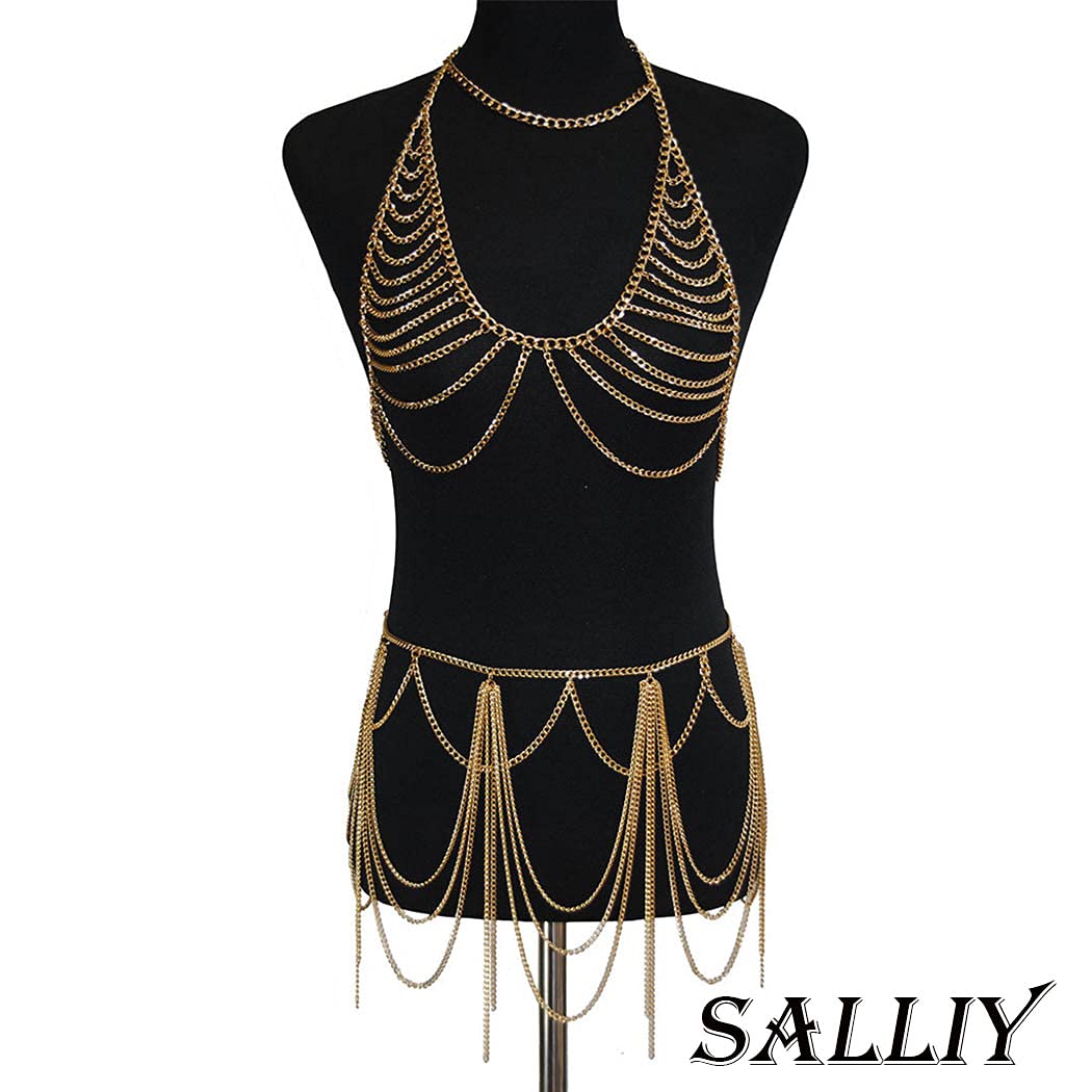 Salliy Boho Body Chain Bra Gold Sexy Rhinestone Bikini Bra Body Halter Backless Sequins Chain Bra Beach Body Accessories Jewelry for Women (Gold Bra + Skirt)