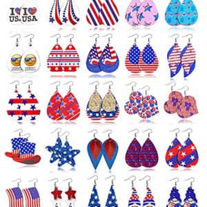 MOROYA 25 Pairs 4th of July Independence Day Leather Earings for Women Lightweight Star Gnome Smile Hat Patriotic Teardrop Dangle Earrings American Flag Earrings Set July 4th Decoration