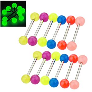 charmonline tongue rings barbell nipple bars 12pcs glow in the dark 14g bioflex acrylic or stainless steel piercing rings jewelry