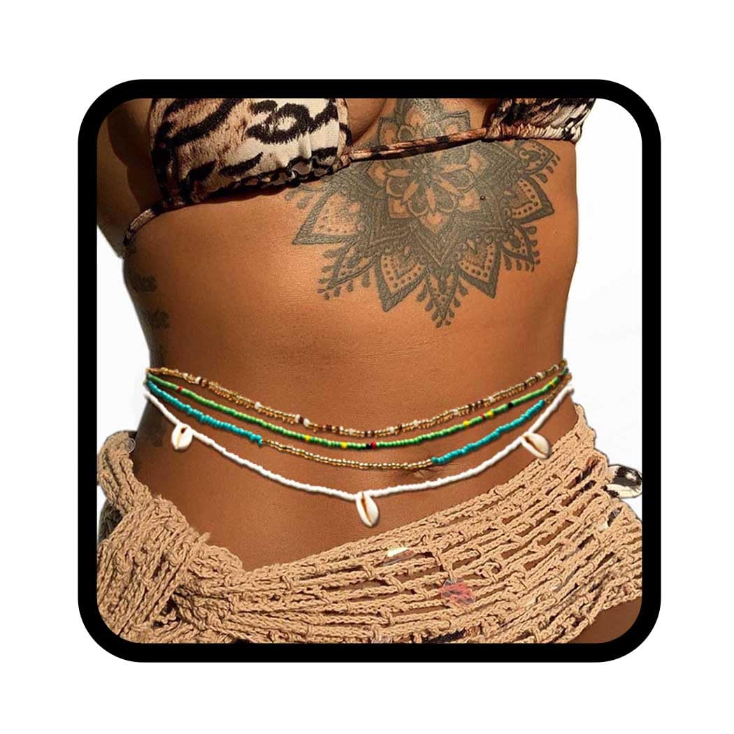 Cosydays African Waist Bead Chain Elastic Body Chains Colorful Belly Beads Seashell Beaded Chain Summer Bikini Jewelry for Women(Pack of 4)