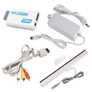 xahpower 4 in 1 accessories bundle kits for wii, ac power supply adapter + composite audio video cable + wii to hdmi converter and wired infrared ray sensor bar compatible with nintendo wii