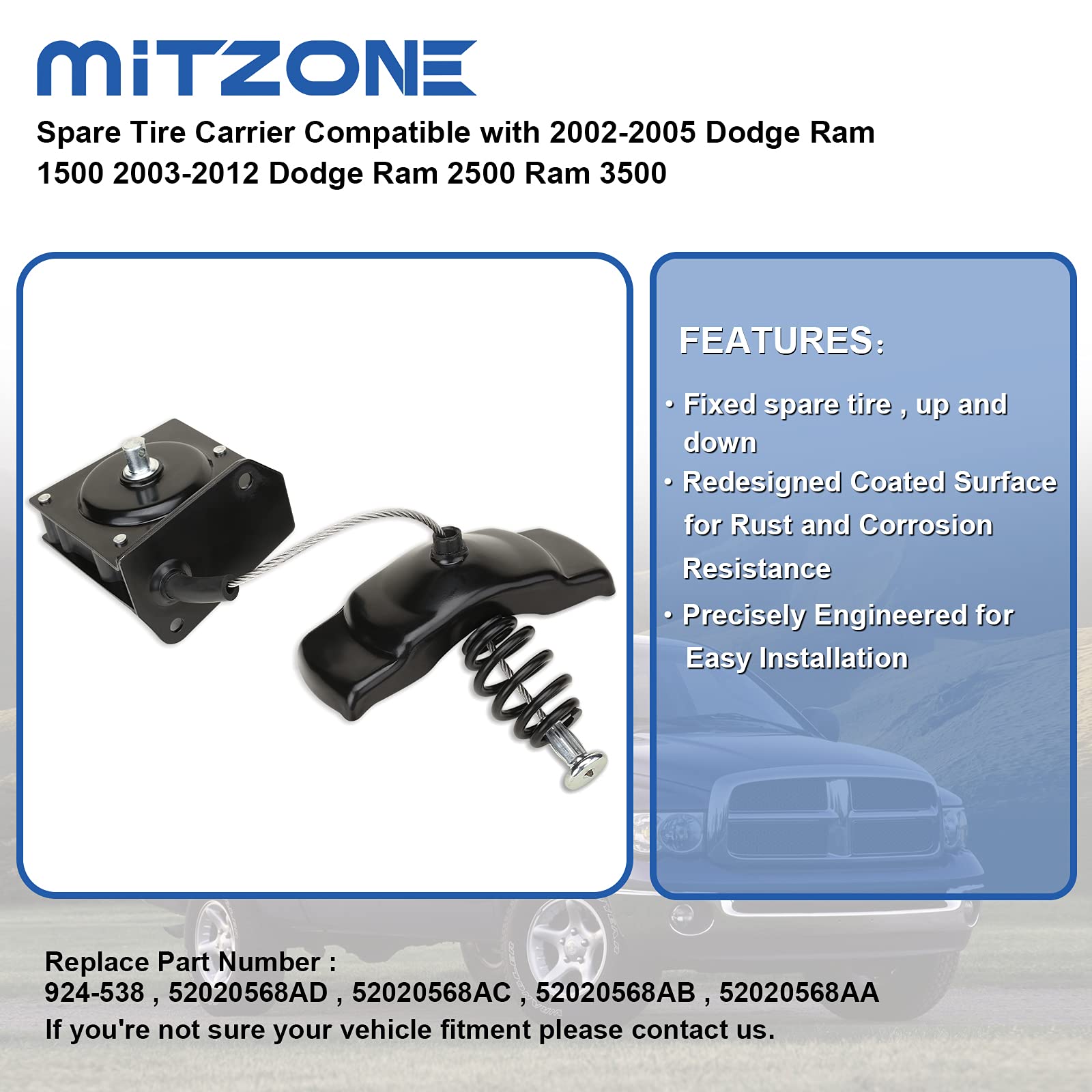 MITZONE Spare Tire Hoist Spare Tire Winch Carrier Compatible with 2002-2005 Dodge Ram 1500 2003-2012 Dodge Ram 2500 Ram 3500 Replace 924-538