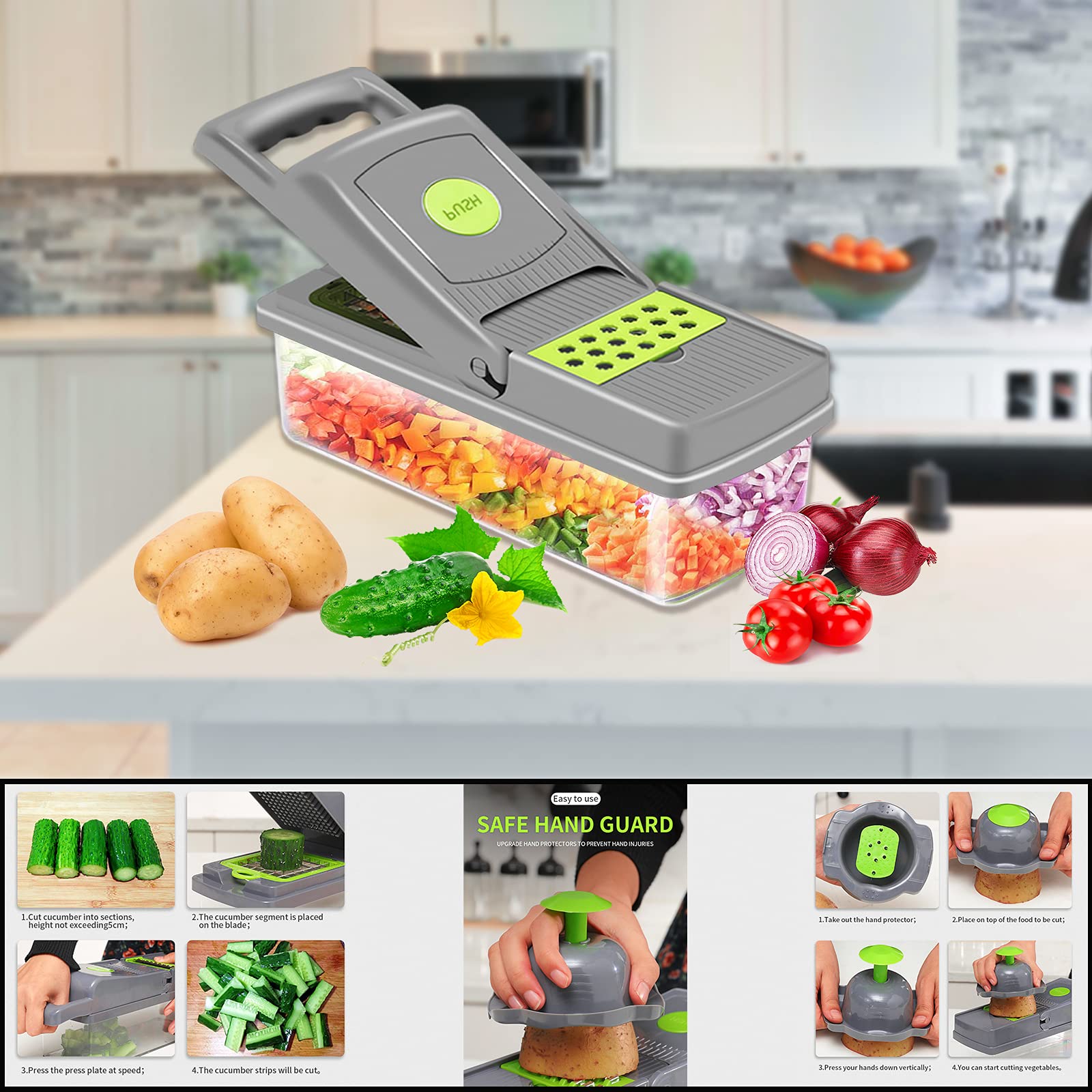 Vegetable Chopper - Pro Food Chopper - Spiralizer Vegetable Slicer-14-in-1 Multifunctional Veggie Slicer Food Cutter，Household Kitchen Gadgets for Vegetable Fruit…