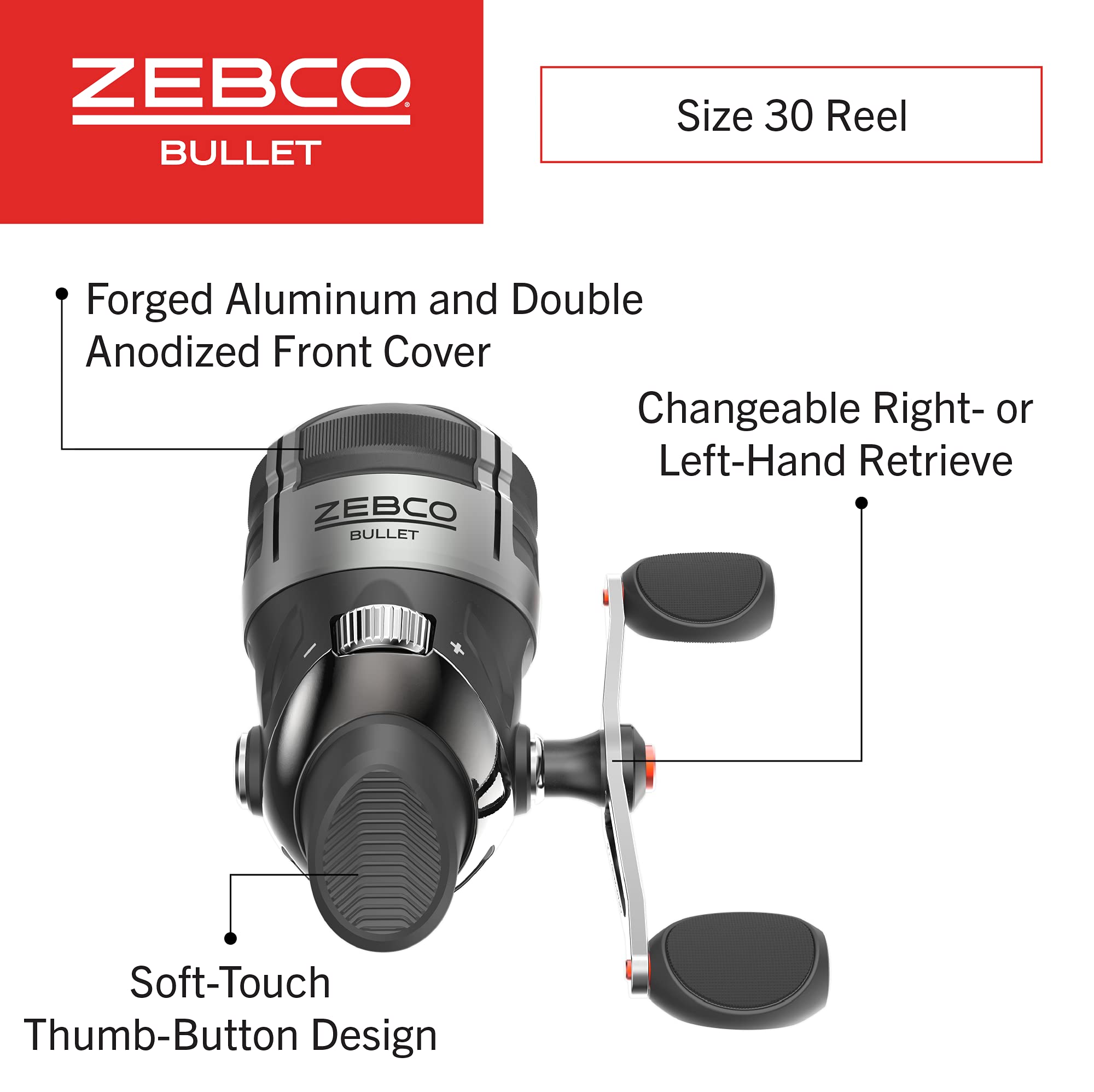 Zebco Bullet Spincast Fishing Reel, Size 30 Reel, Fast 29.6 Inches Per Turn, GripEm All-Weather Handle Knobs, Pre-Spooled with 10-Pound Zebco Fishing Line, Black, Clam Packaging