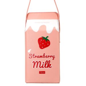 Ondeam Cute Strawberry Milk Box CrossBody Purse Bag,PU Phone Shoulder Wallet for Women Girl