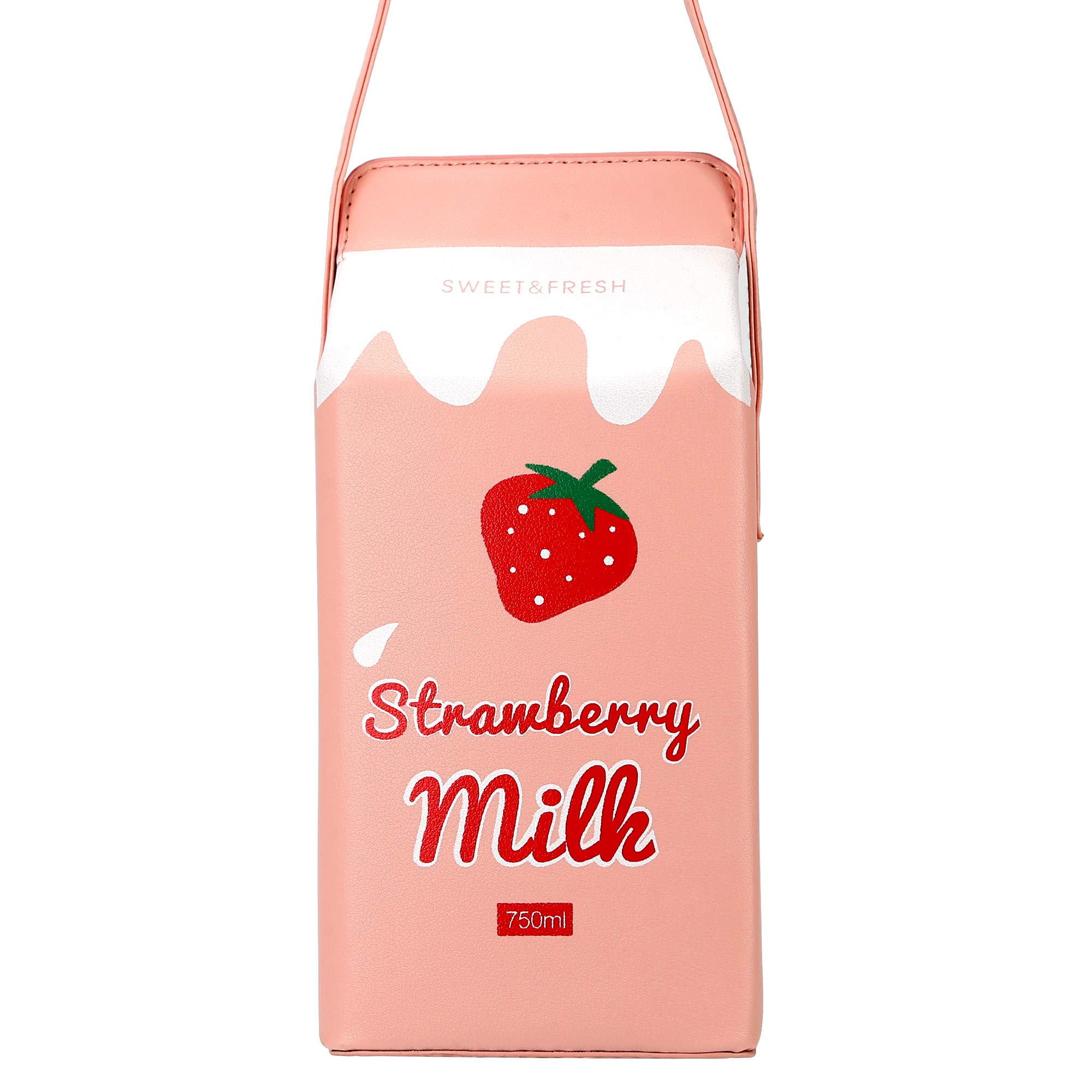 Ondeam Cute Strawberry Milk Box CrossBody Purse Bag,PU Phone Shoulder Wallet for Women Girl