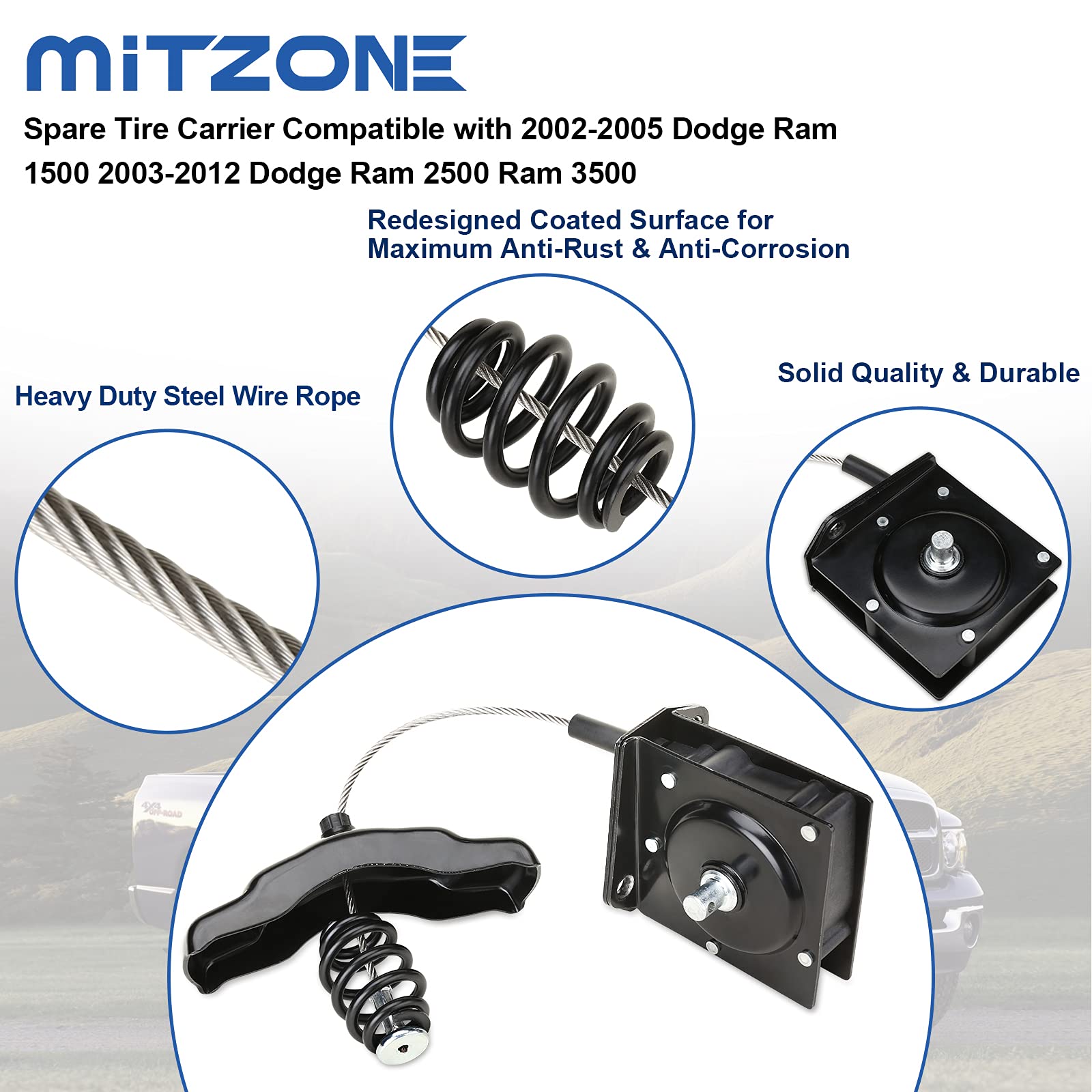 MITZONE Spare Tire Hoist Spare Tire Winch Carrier Compatible with 2002-2005 Dodge Ram 1500 2003-2012 Dodge Ram 2500 Ram 3500 Replace 924-538