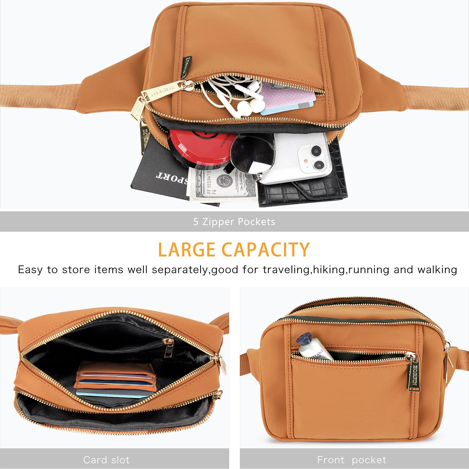 ZORFIN Fanny Packs for Women Men, Belt Bag with 5 Zipper Pockets, Fashion Waist Pack Crossbody Bag with Adjustable Belt for Travel/Shopping/Hiking/Running/Cycling (Brown)